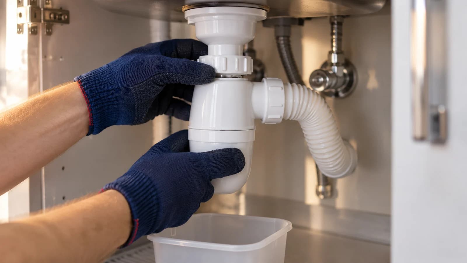 Мастер проверяет сифон под раковиной при устранении запаха